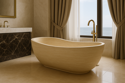 Elegant travertine bathtub showcasing refined craftsmanship in natural stone for sophisticated bathroom design.