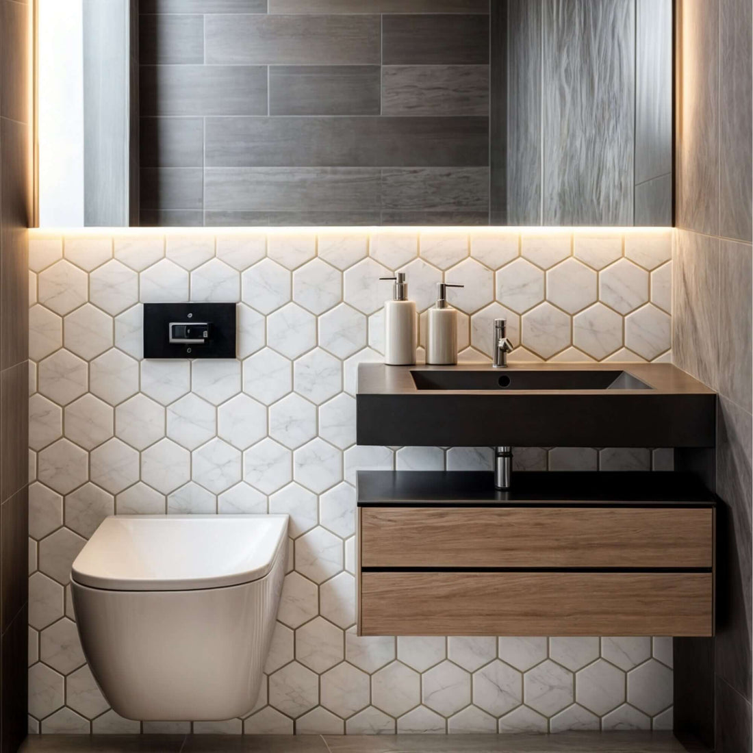 Beige marble 2-inch hexagon mosaic covering a bathroom wall behind a floating wood vanity and wall-hung toilet