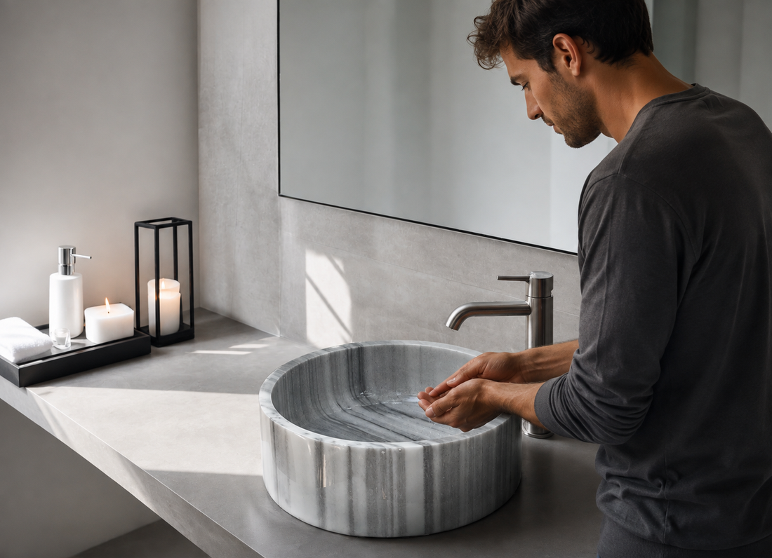 Small grey marble cylinder basin in a powder room