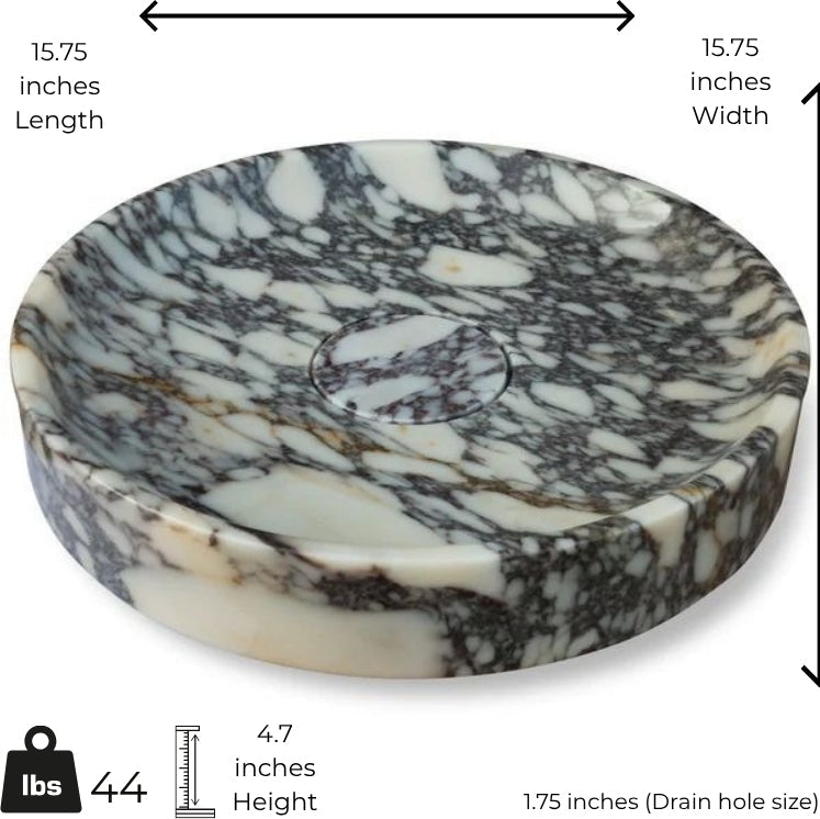 Dimension diagram of a round Calacatta Viola marble sink with length, width, height, drain hole and weight