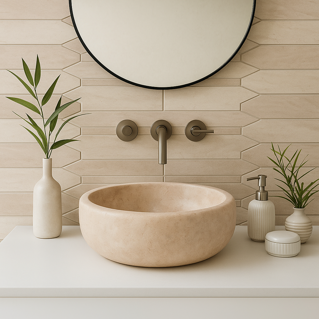 Honed beige travertine round vessel sink installed on a vanity against pale beige tile, showing the matte warm-neutral surface