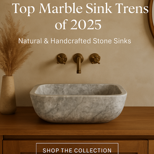BROSMARBLE Top Marble Sink Trends of 2025 graphic showing a grey marble vessel sink