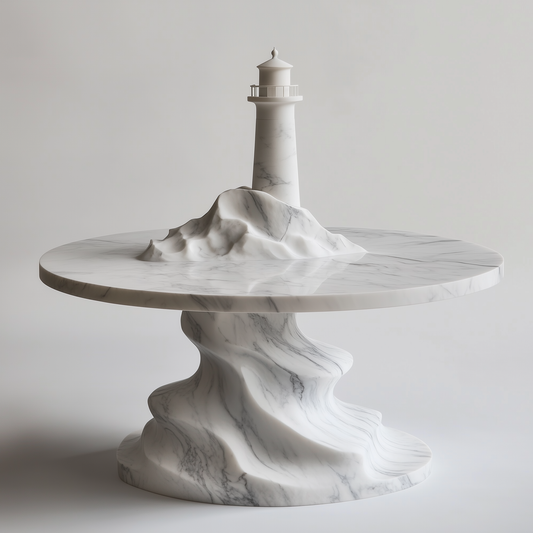 Sculptural white marble pedestal table photographed on a plain background