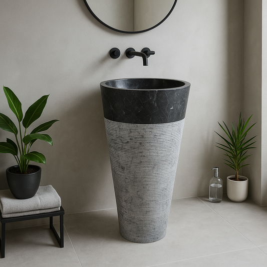 Black marble pedestal sink standing freely against a pale tiled wall in a finished bathroom, with a wall-mounted tap above the polished stone basin