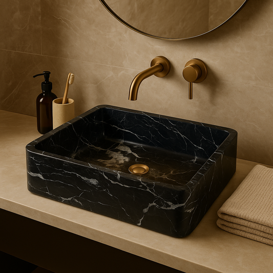 Black marble rectangular vessel sink with a brass wall-mounted tap