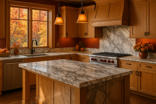 Wood kitchen with a veined natural marble island under warm autumn light