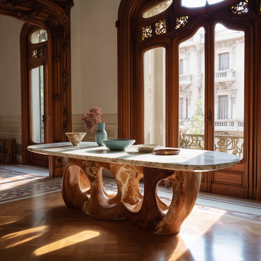 Sculptural marble dining table with a carved base in a period room