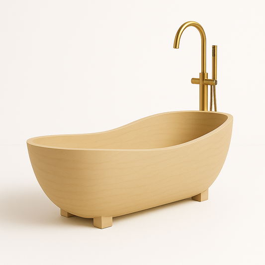 Beige travertine freestanding bathtub with a brass floor-mounted filler on a plain background
