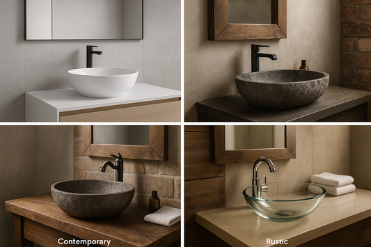 Four-panel comparison of contemporary, modern, rustic and glass vessel sink styles