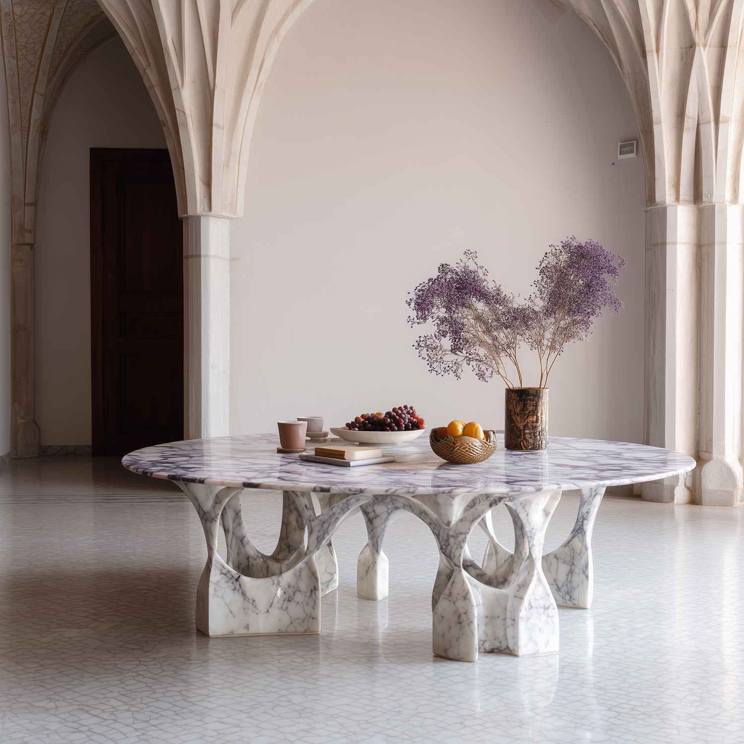 Custom marble dining table with a carved stone base