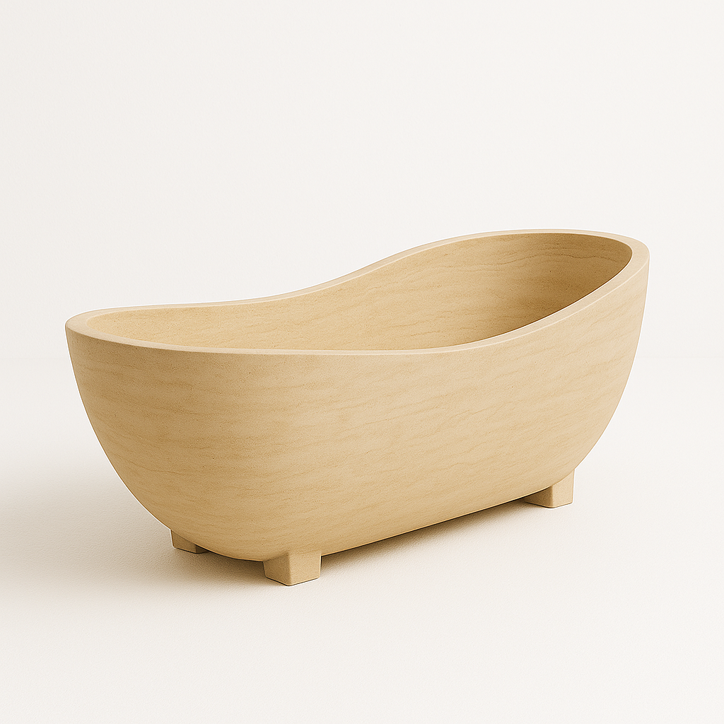 Freestanding natural stone soaking bathtubs by BROSMARBLE, each carved from a single block of marble or travertine