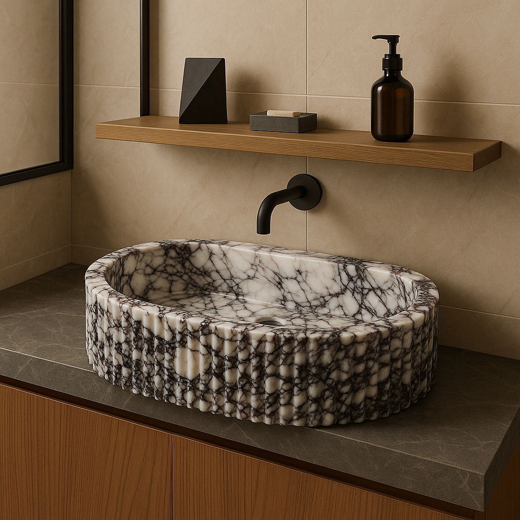Viola Calacatta marble vessel sink with polished finish in minimalist bathroom design, showcasing rich veining.