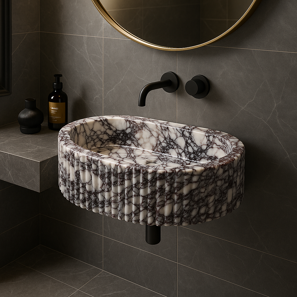 Viola Calacatta Marble Vessel Sink with polished finish in minimalist design, showcasing elegant violet veining.