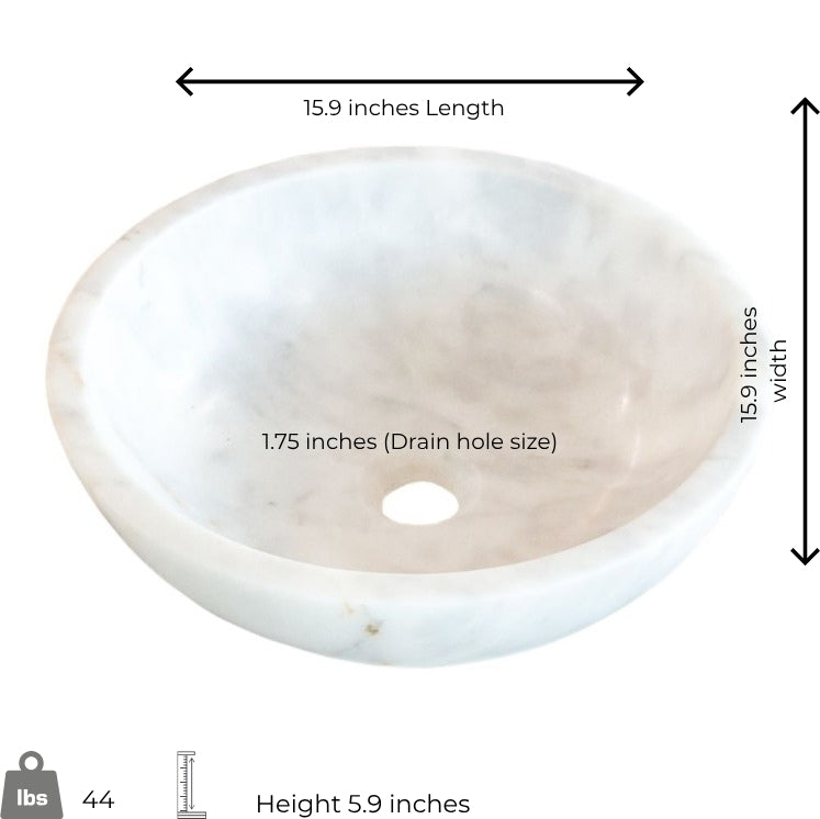 Carrara marble sink showing dimensions: 15.9 inches length, 15.9 inches width, and 5.9 inches height.