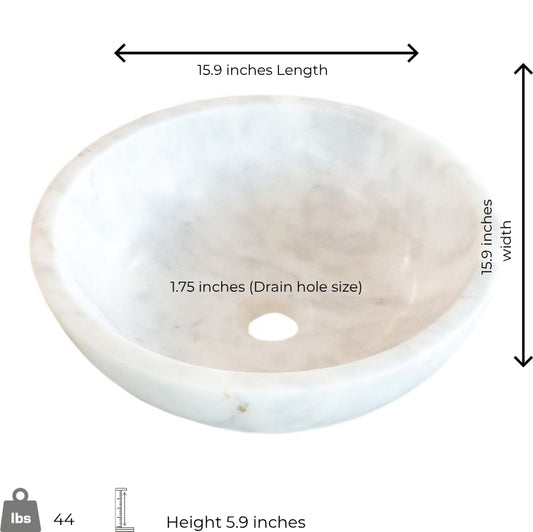 Carrara marble sink showing dimensions: 15.9 inches length, 15.9 inches width, and 5.9 inches height.