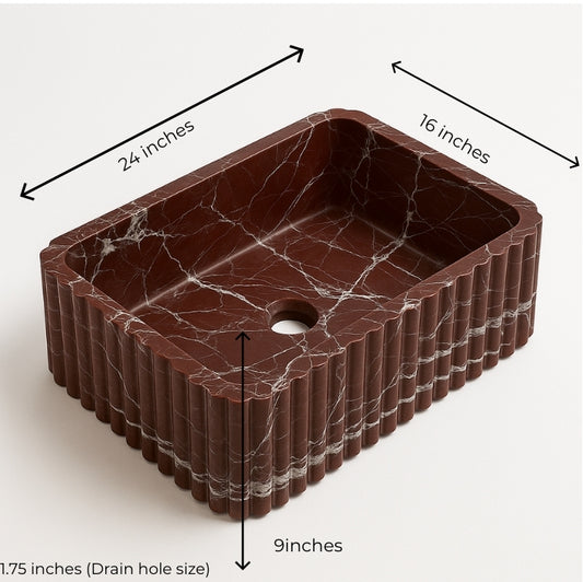 Handcrafted Rosso marble sink with rich red hues and natural veining, dimensions 24x16x9 inches, featuring a standard drain hole.