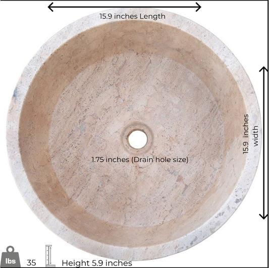Top view of beige travertine marble sink, measuring 15.9" x 15.9" x 5.9", with a 1.75" drain hole.
