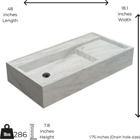 Gray stone sink with dimensions labeled on a white background