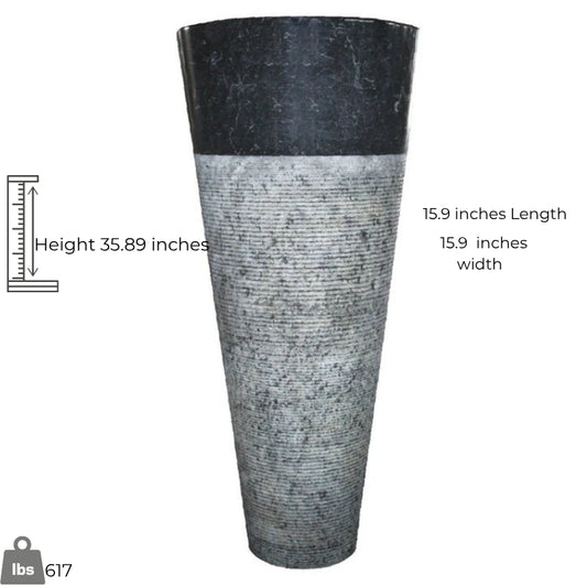Black Pedestal Marble Sink with conical design, height 35.89 inches, ideal for modern upscale bathrooms.