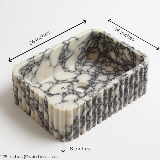 Calacatta Viola marble sink showcasing unique veining, dimensions 24x16x8 inches, elegant wall-mounted basin.