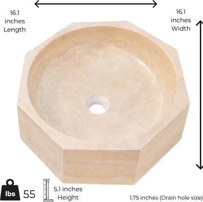 Light beige octagonal marble vessel sink with polished finish, dimensions 16.1" x 16.1" x 5.1" for minimalist bathroom design.