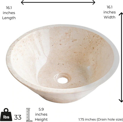 Cappuccino marble vessel sink showing polished finish, minimalist design, and measurements of 16.1 x 16.1 x 5.9 inches.