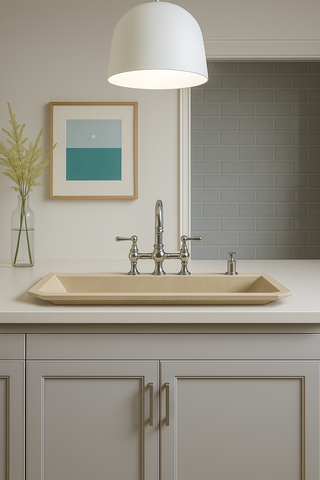 Seagrass fossil marble sink atop a modern kitchen countertop with stylish faucet and decor.