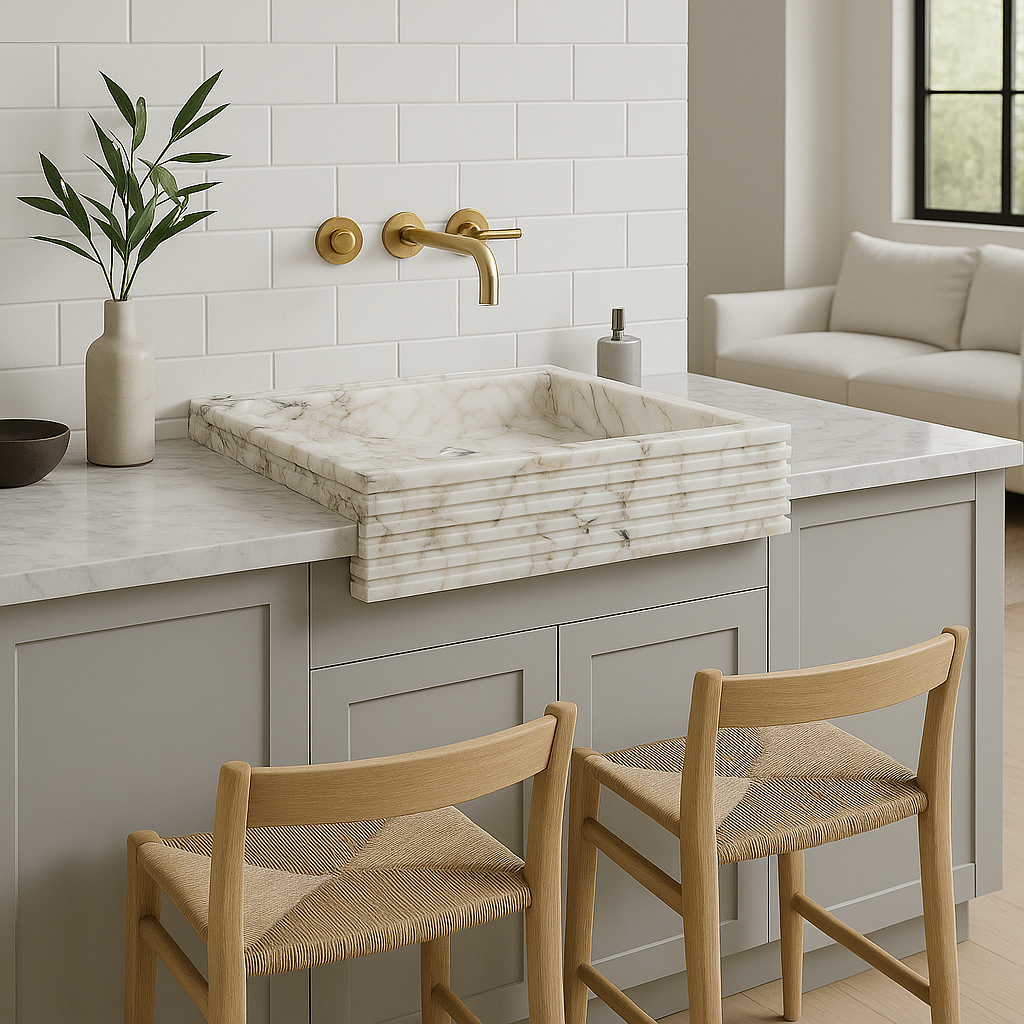 Modern kitchen with marble sink, gold faucet, and wooden chairs.