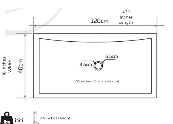 Dimensions of Seagrass Fossil Marble Vessel Sink: 120cm x 40cm x 10cm with drain hole specifications.