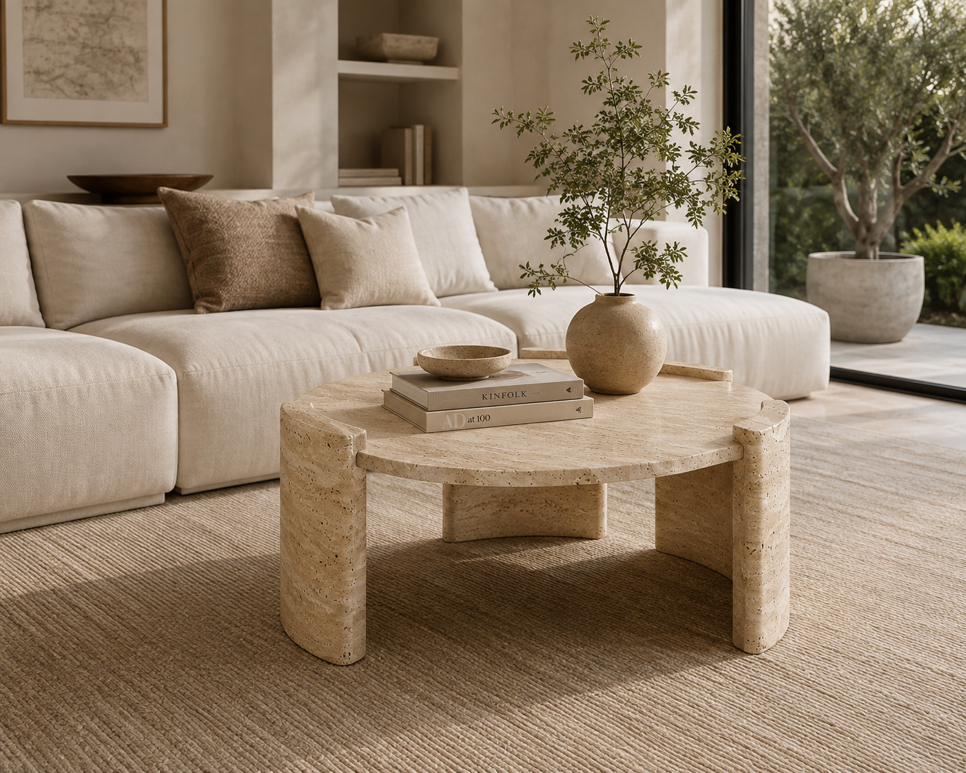 Arc Travertine Coffee Table styled in a luxury contemporary living room with natural stone details.