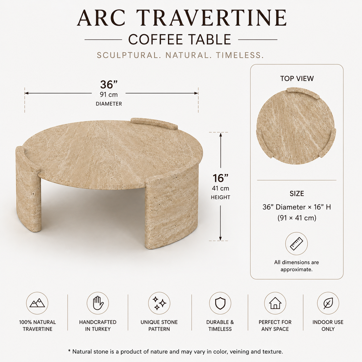 ARC Travertine coffee table shown on a light beige background with dimension callouts: 36-inch diameter and 16-inch height. The image includes a top view inset, product features icons, and text noting sculptural, natural, timeless design and 100% natural travertine.