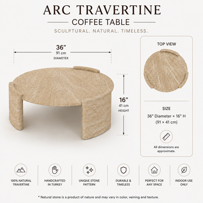 ARC Travertine coffee table shown on a light beige background with dimension callouts: 36-inch diameter and 16-inch height. The image includes a top view inset, product features icons, and text noting sculptural, natural, timeless design and 100% natural travertine.
