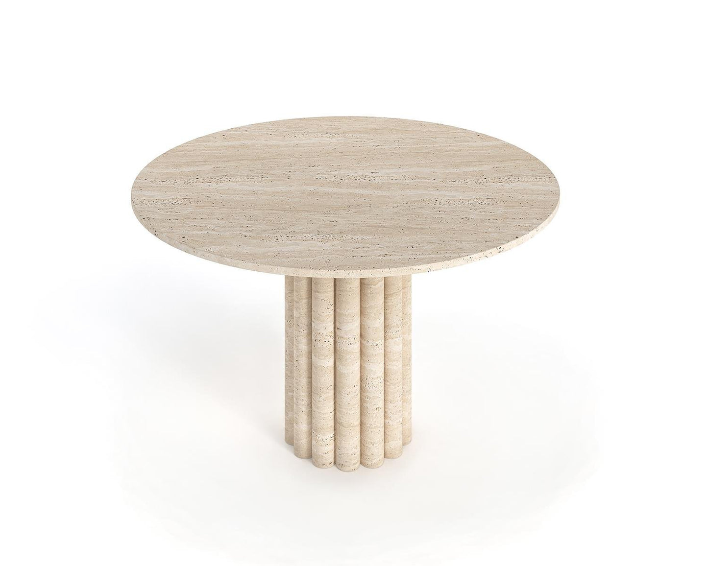 Aspen Travertine Round Dining Table handcrafted from natural beige travertine with a modern sculptural design.