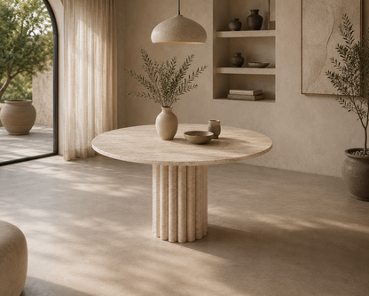 Aspen Travertine Round Dining Table styled in a luxury contemporary dining room with elegant natural stone details.