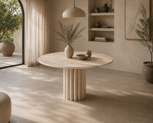 Aspen Travertine Round Dining Table styled in a luxury contemporary dining room with elegant natural stone details.