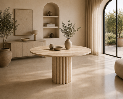Aspen Travertine Round Dining Table top view highlighting the natural travertine texture, veining, and unique stone variations.