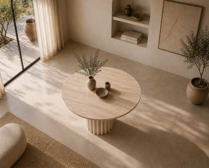 Aspen Travertine Round Dining Table side view showcasing its sculptural base and handcrafted natural stone design.