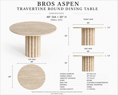 Aspen Travertine Round Dining Table shown from an alternate angle, highlighting its elegant round form and natural travertine finish.