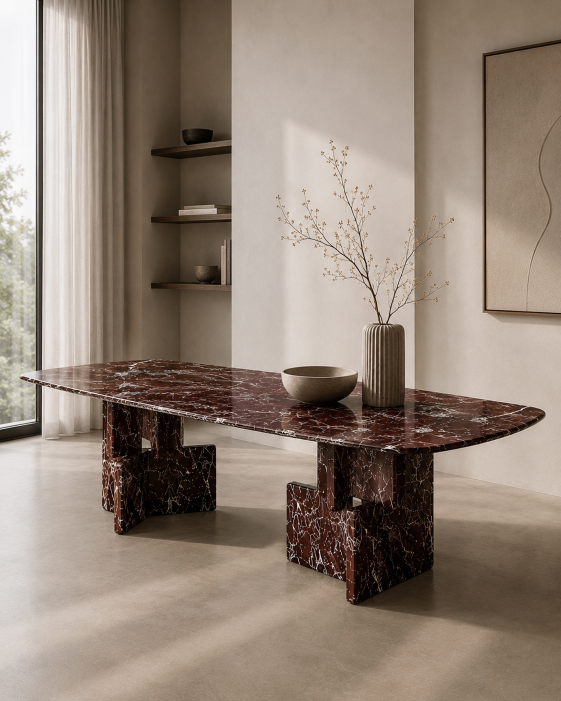 Cherry Red marble dining table styled in a pale, minimalist dining room