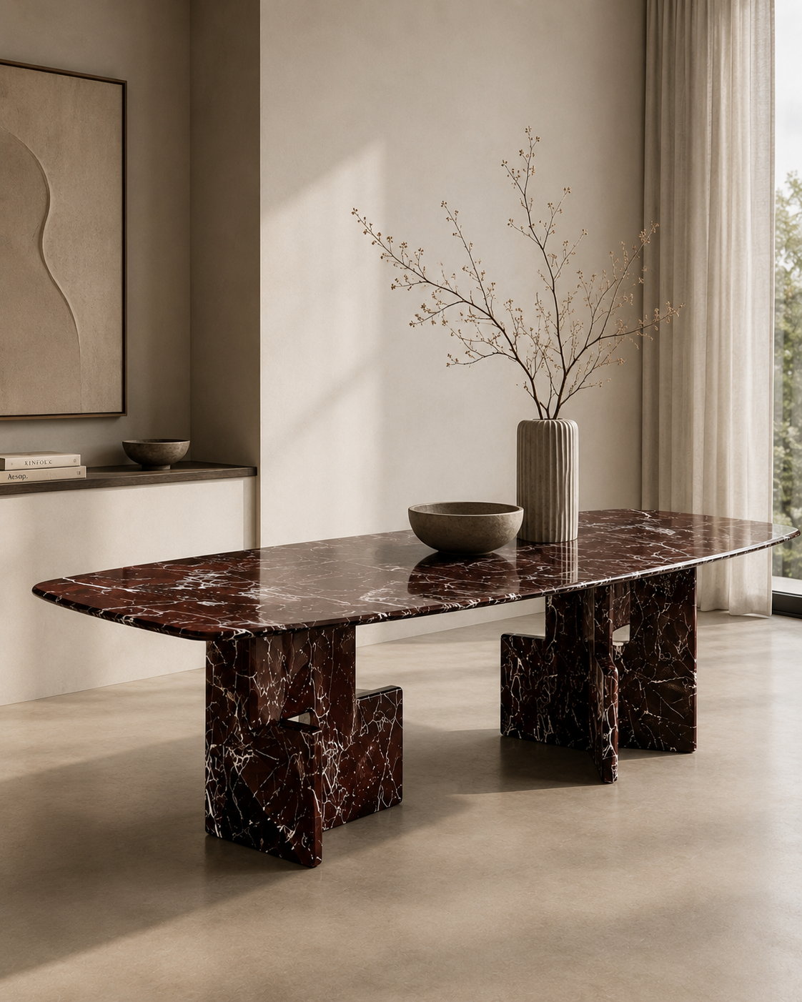 Cherry Red marble dining table seen from the side, showing the white veining across the top