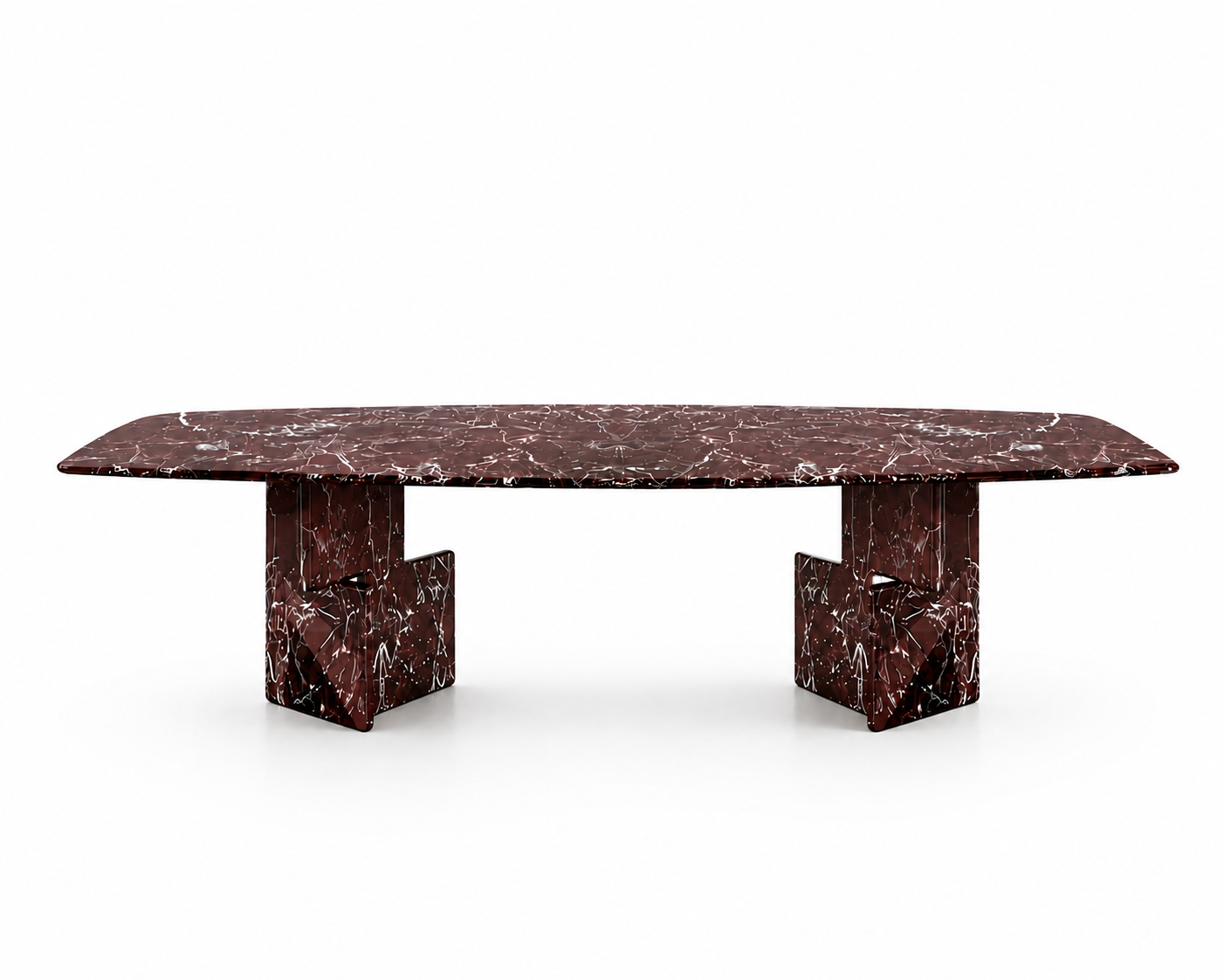 Cherry Red marble dining table, studio view of the rectangular burgundy top on two solid marble plinths