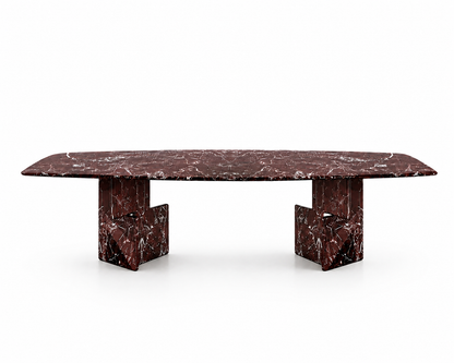 Cherry Red marble dining table, studio view of the rectangular burgundy top on two solid marble plinths