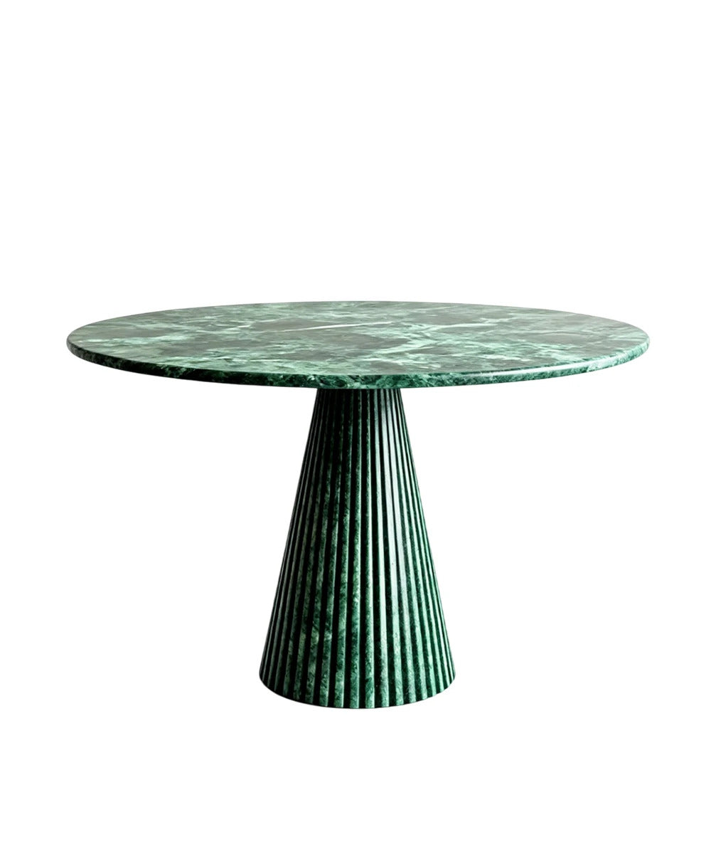 Verde Guatemala green marble round dining table, studio view of the fluted marble pedestal