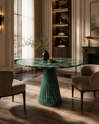 Verde Guatemala green marble round dining table with upholstered chairs in a classic dining room