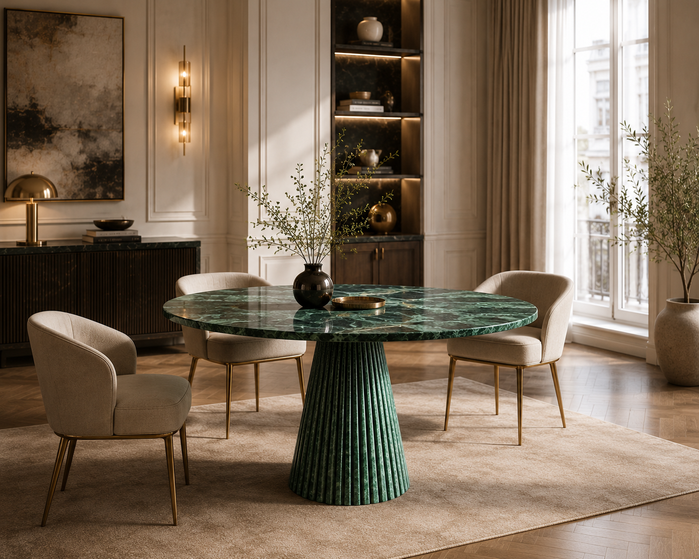 Verde Guatemala green marble round dining table seen from the side in a panelled interior