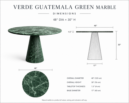 Verde Guatemala green marble round dining table dimension drawing: 48 in diameter, 30 in high, 1.5 in top, 17 in base