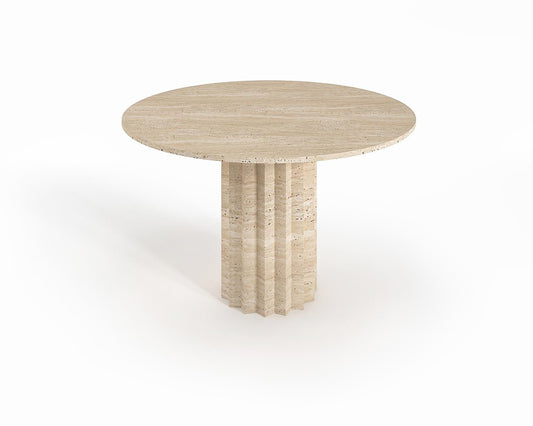 Bros Arizona travertine round dining table, studio view of the fluted stone pedestal