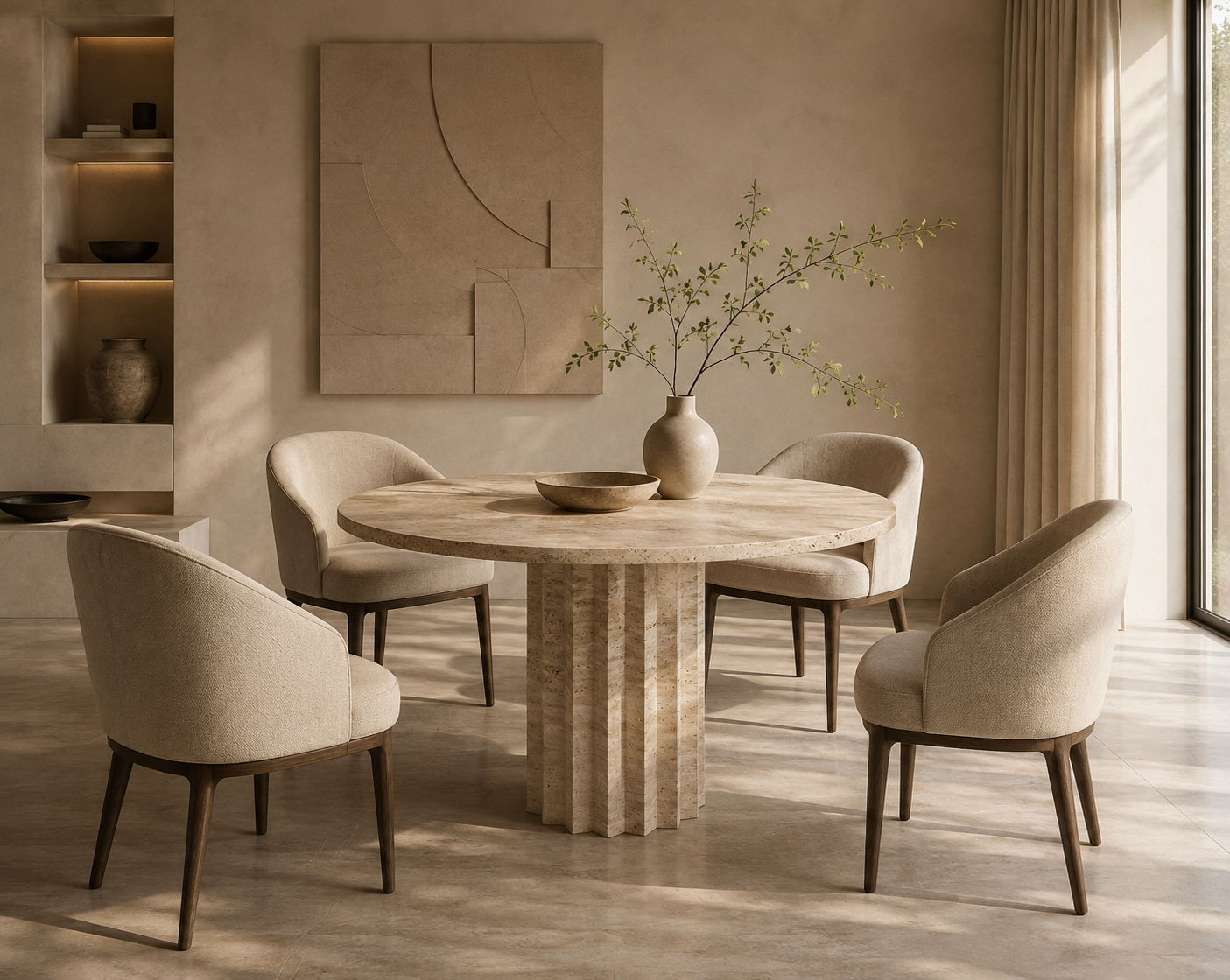Bros Arizona travertine round dining table with four chairs in a sunlit dining room