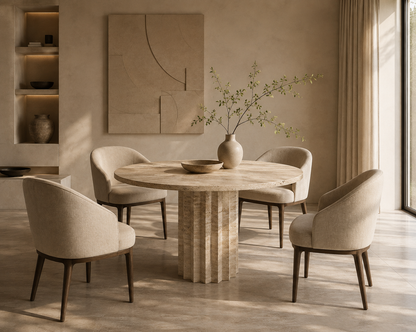 Bros Arizona travertine round dining table with four chairs in a sunlit dining room