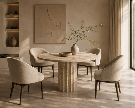 Bros Arizona travertine round dining table with four chairs in a sunlit dining room